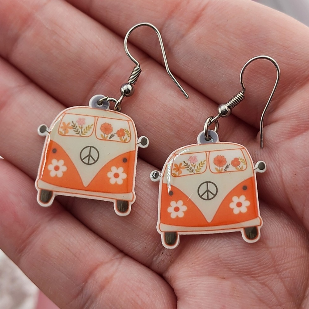 Orange Camper Van Dangle Earrings Floral Peace Sign Acrylic Boho Retro Hippie